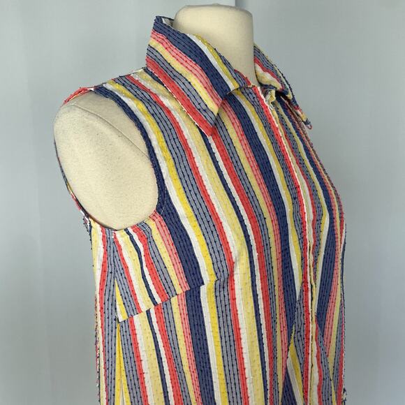 Vintage Smock Dress Size Large Red Blue Stripe Seersucker Zip Casual Retro 70s - Picture 5 of 16